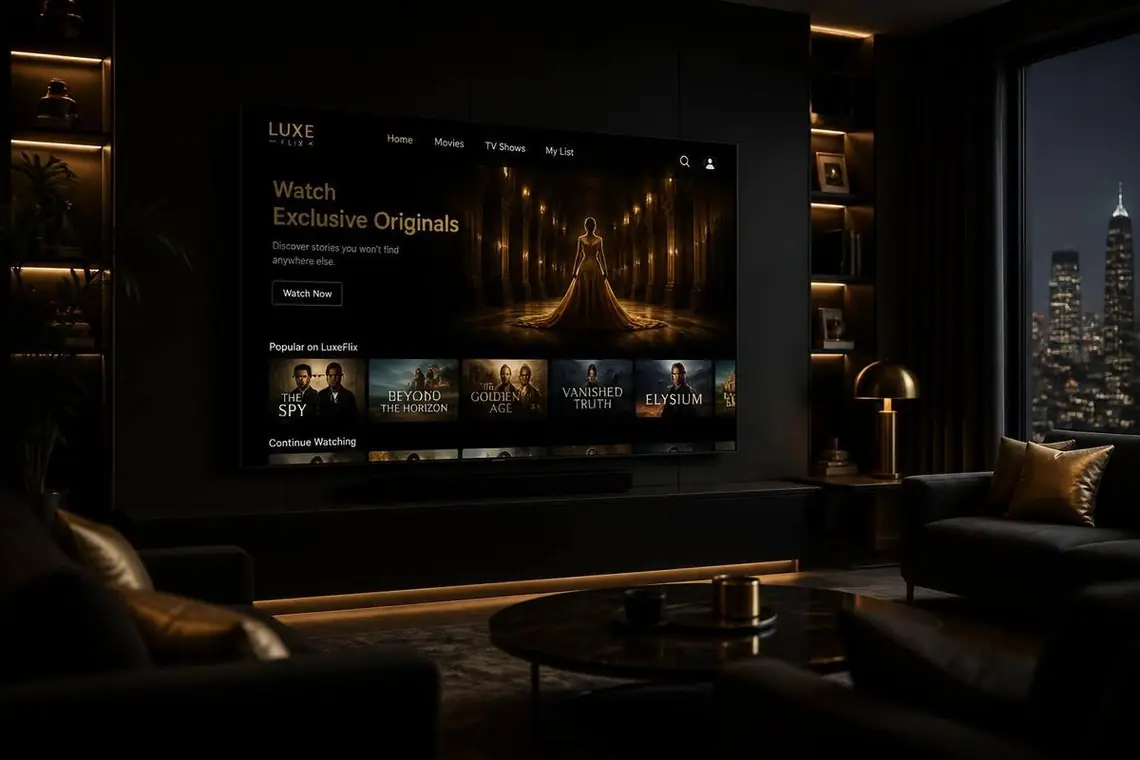 Smart TV u dnevnoj sobi prikazuje IPTV aplikaciju sa filmovima i serijama